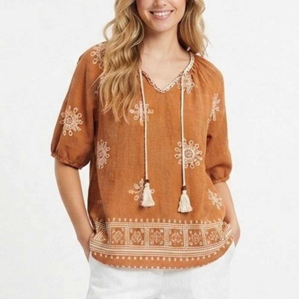 Peasant Blouse Womens Large Rust Boho Embroidered Tassel Top